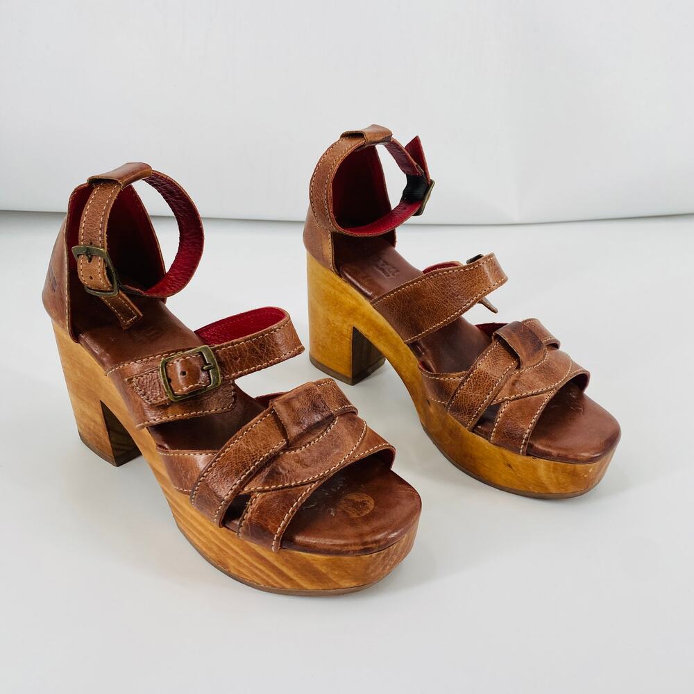 Bed Stu brown leather wood clog style platform heels